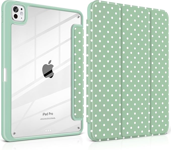 Case for iPad Pro 11 Inch (M5 2025 M4 2024) – [Built-in Pencil Holder], Shockproof & Stylish, Clear Hard Back + Soft TPU Edge, Magnetic Trifold Stand, Auto Wake/Sleep, Green White dot