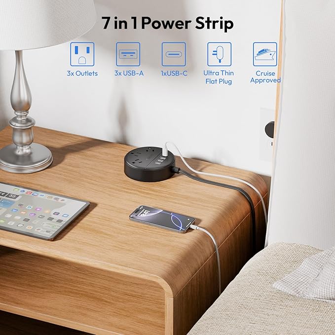 10ft Long Extension Cord Power Strip with USB Ports, NTONPOWER Flat Plug Power Strip with 3 Outlet 4 USB(1 USB C), Wall Mount Charging Station for Home Office, Dorm Room, Travel, ETL Listed, Black