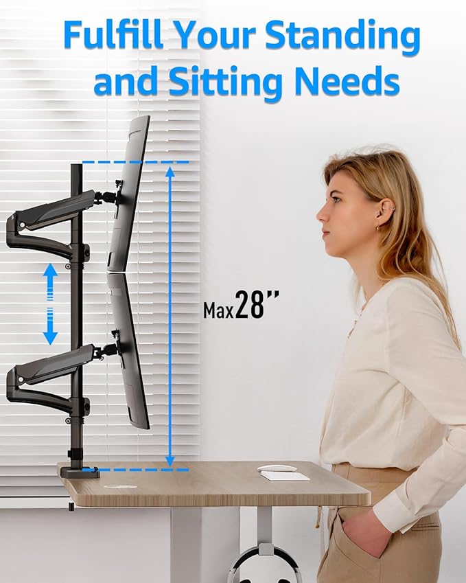 MOUNTUP Vertical Dual Monitor Mount Holds 4.4-17.6lbs, up to 32 Inch Stacked Monitor Mount with Gas Spring Arm with Clamp/Grommet Base Dual Monitor Stand for Desk, VESA 75x75/100x100 MU6012A