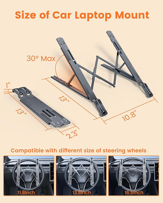 Steering Wheel Laptop Holder for Car SUV Pickup Truck Tesla Vehicle Workstation, Adjustable Foldable Portable iPad Tablet Laptop Stand for Desk, Tiktok Car Travel Essentials 2026 -Gray
