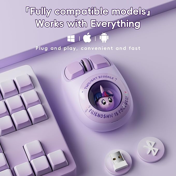 My Little Pony Wireless Mouse - Twilight Sparkle Edition, 3D Character Design Silent Click Mouse with 1600 DPI, Dual-Mode (2.4GHz/Bluetooth), Ergonomic for Mac/Windows