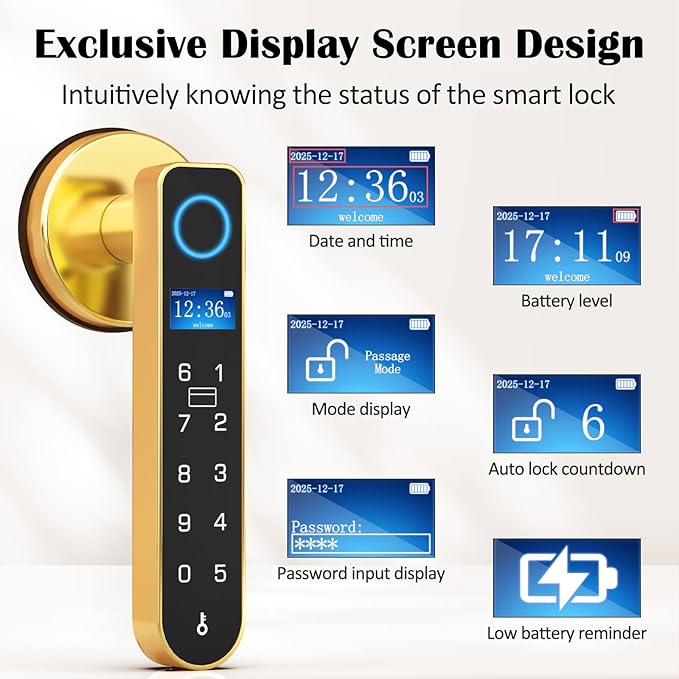 Fingerprint Keyless Entry Bedroom Door Lock with Code RFID Card NFC APP Keypad, Smart Biometric Automatic Interior Door Handle with Lock for Indoor Hotel Pantry Apartment Office Home, Gold
