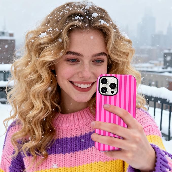 Magnetic for iPhone 13/14 Case Cute Stripes Phone Case, Shockproof Slim TPU and Hard PC Protective Phone Cover Compatible with MagSafe Designed for Women Girls, Deep Pink