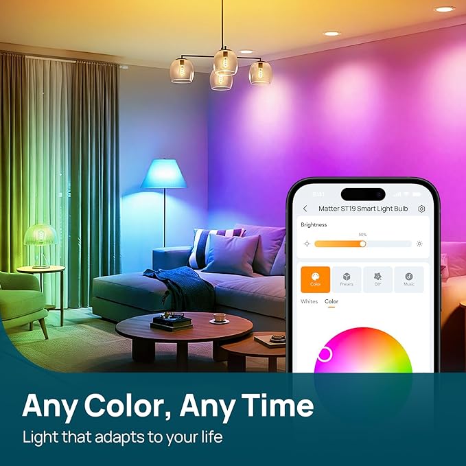 Linkind Matter Smart Bulbs, ST19/ST58 E26 Led Bulb Compatible with Alexa, Smart Light Bulbs, WiFi Bulbs, RGBTW Color Changing Light Bulb, 2.4Ghz WiFi Bulb, 850 LM 1 Pack