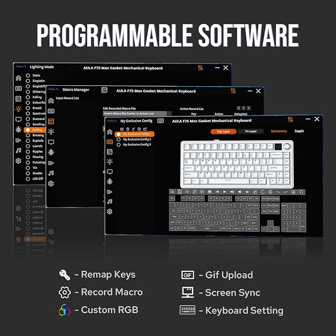 EPOMAKER X Aula F75 MAX Wireless Mechanical Keyboard with TFT Screen and Knob, Gasket Gaming Keyboard in 75% Layout, Hot Swappable, RGB Backlight, for PC/Mac/Linux (Black Gradient)