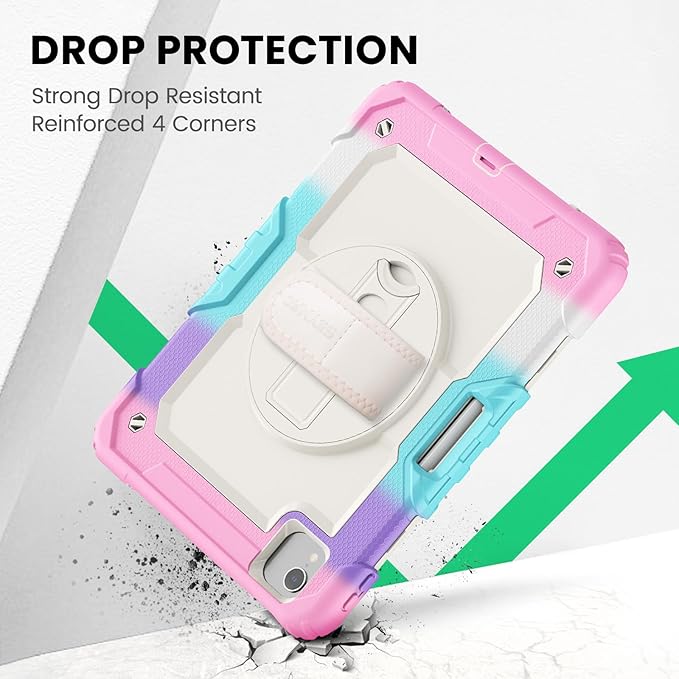 SEYMAC Case for iPad Air 5th/ 4th Generation 10.9", Full-Body Shockproof Protective Case with Screen Protector, Rotating Stand/Handle/Shoulder Strap/Pencil Holder for iPad Air 5/ Air 4, Colorful/Pink