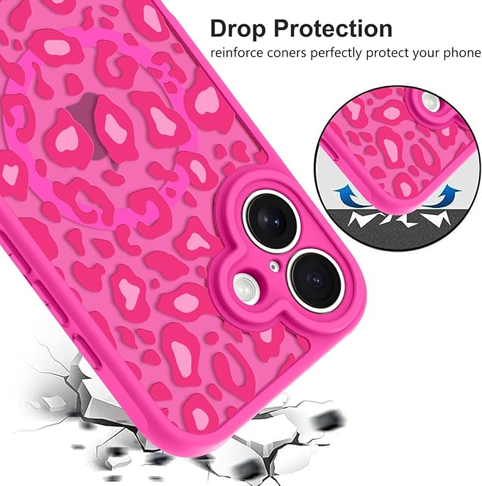 KANGHAR Case for iPhone 16 Plus Hot Pink Leopard Printed Pattern Cute Cheetah [Compatible with Magsafe] Protective Magnetic Case for Girls Women 6.7"