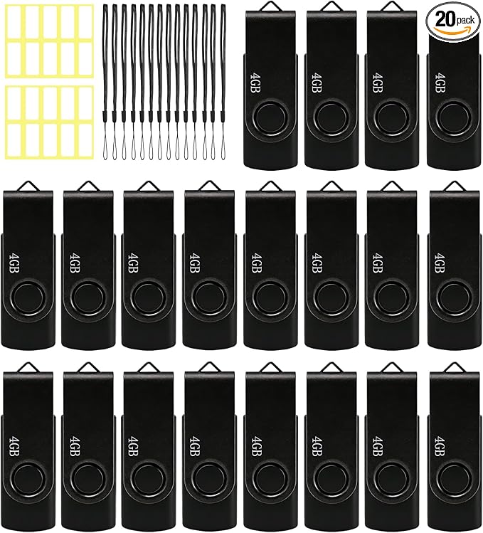4GB USB Flash Drive 20 Pack Nicepicten Bulk USB 2.0 Thumb Drive FAT32 Flash Drives Multipack Swivel Jump Zip Drive USB Memory Stick with Label & Lanyards (4GB Black)