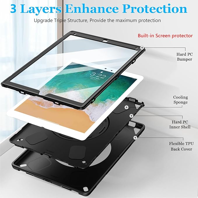 Case for iPad Pro 12.9 2nd Generation 2017 & 2015 1st Generation, Heavy Duty Rugged TPU Protective Cover with Screen Protector- Stand + Handle Hand & Shoulder Strap + Pencil Holder- Black