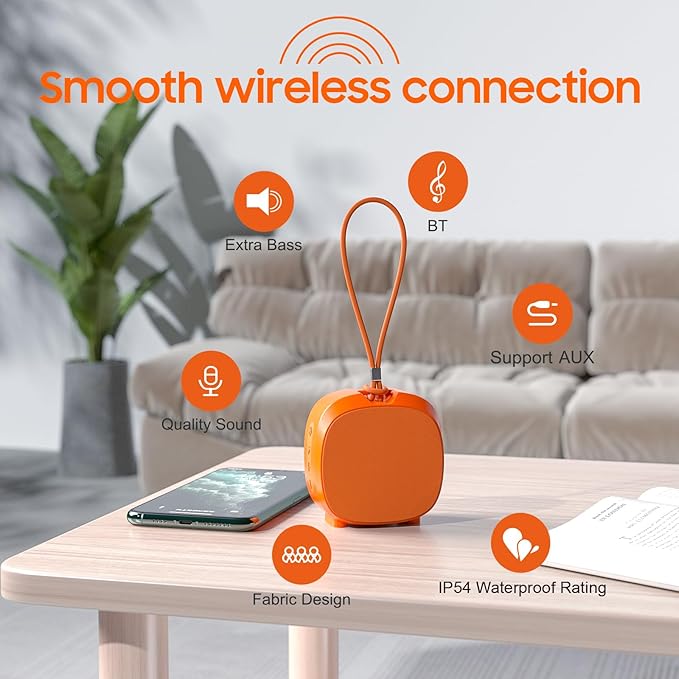 PEICHENG Speaker, Small Portable Bluetooth Wireless IPX5 Waterproof Shower Speaker,Loud Stereo Sound Deep Bass,TWS Paire, RGB Lights,Long Playtime for Outdoor Party, Great Gift, 1PCS(Orange)