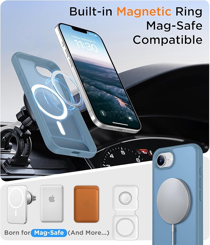 Magnetic Compatible with iPhone 16E Case, [Built-in Invisible Kickstand][Compatible with MagSafe][Military Grade Shockproof] Slim Translucent Matte Case for iPhone 16E 6.1" 2025