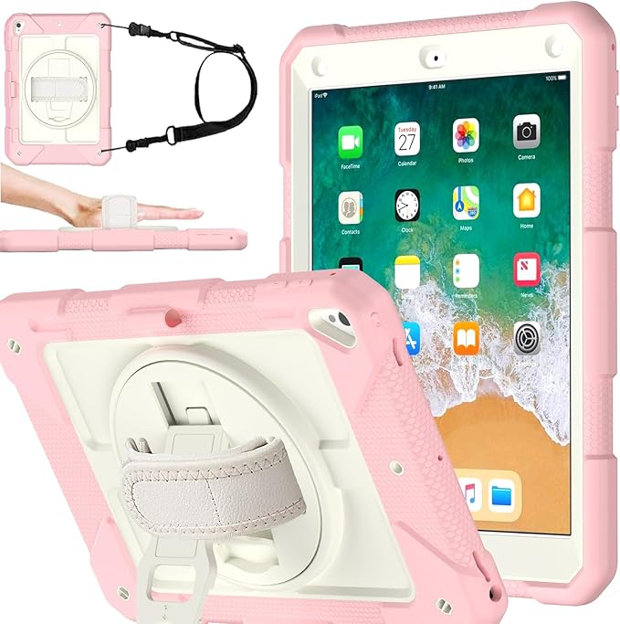 BMOUO Case for iPad 6th/5th Generation Case (9.7 inch, 2018/2017), 360°Rotating Stand, Hand/Shoulder Strap Shockproof iPad 9.7” Case for iPad Air 2, Pink