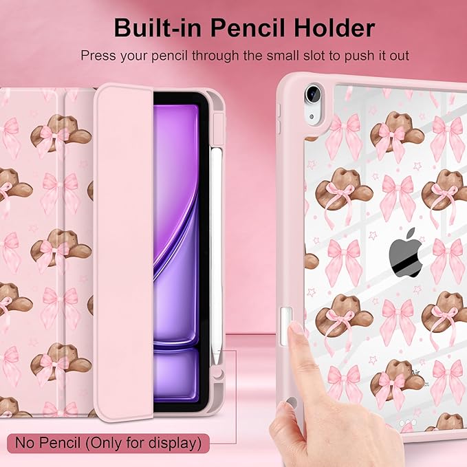Case for iPad Air 11 inch M4 2026 M3 2025 M2 2024 Release with Pencil Holder - Aesthetic Cute Preppy Design Trifold Cover with Soft TPU Bumper Clear Back Auto Sleep/Wake for Girls Women, Hat