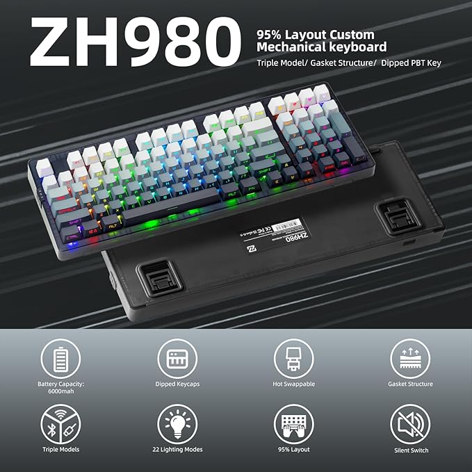 ZORNHER ZH980 Silent Mechanical Keyboard,95% Black & White Silent Gaming Keyboard with Number Pad,Lighted Up PBT Keycaps,Keyboard Quiet Silent Switches,Hot-Swappable,RGB Backlit