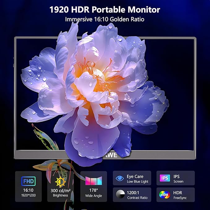 WUAWE Portable Monitor 16" 1920x1200P 16:10 IPS Travel Monitor for Laptop with Built-in Stand, 100% sRGB Control USB-C HDMI,HDR Freesync Display, Plug&Play for Phone PS5 Switch(Black)