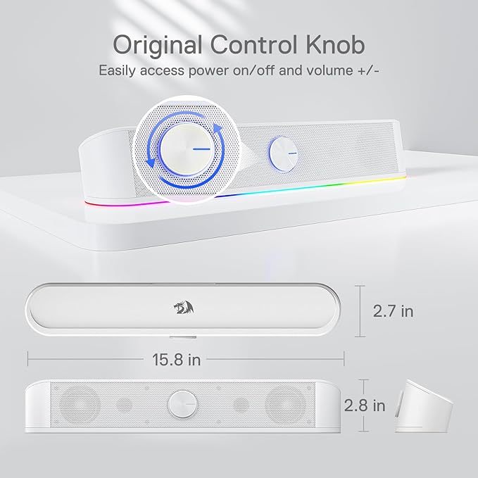 Redragon GS560 RGB Desktop Soundbar, 2.0 Channel Computer Speaker with Dynamic Lighting Bar Audio-Light Sync/Display, Touch-Control Backlit with Volume Knob, USB Powered w/ 3.5mm Cable, White