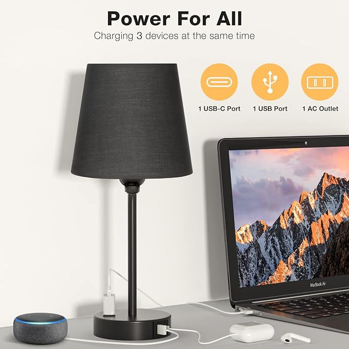Black Lamp for bedrooms Set of 2 - Nightstand Bedroom Lamp with USB C Port and AC Outlet Charging, 3 Way Dimmable Touch Control Bed Side Table Lamp, Small Night Stand Light for Men/Kids