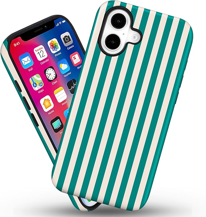 Magnetic for iPhone 17 Case Cute Stripes Phone Case, Shockproof Slim TPU and Hard PC Protective Phone Cover Compatible with MagSafe Designed for Women Girls, Emerald Green