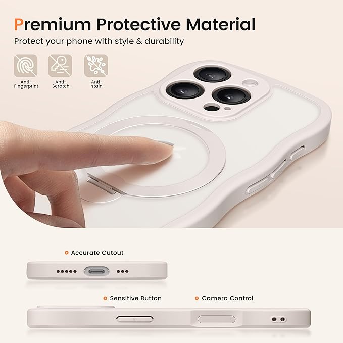 CAPRARO for iPhone 16 Pro Case with 360° Spin Magnetic Stand for Women, [Compatible with MagSafe] [Full Camera Protection] Cute Wave Translucent Matte Case for iPhone 16 Pro, Stone