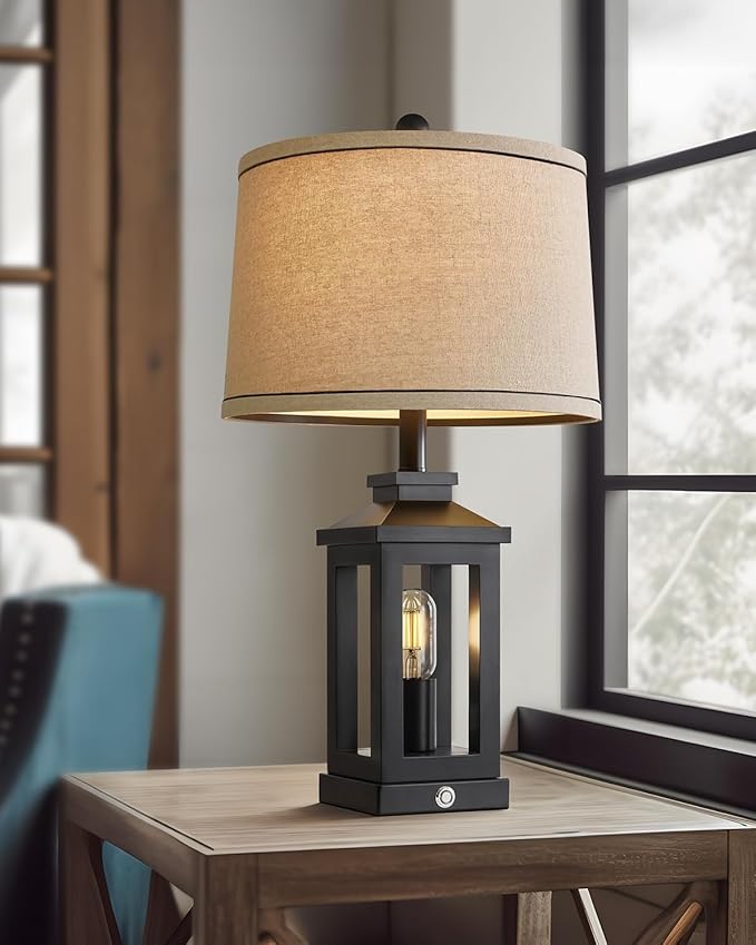 G-SAFAVA 23.75" Retro Farmhouse Black Table Lamp for Living Room Bedroom Nightstand Single Pack Touch Control Bedside Nightlight Vintage Modern Lamp with USB C+A Ports and 2 Light Sources