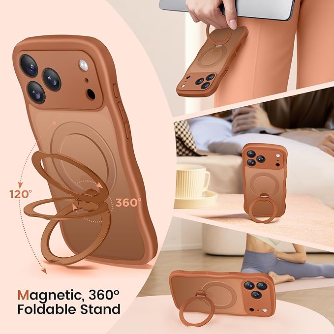 CAPRARO for iPhone 17 Pro Case with 360° Spin Magnetic Stand for Women, [Compatible with MagSafe] [Full Camera Protection] Cute Wave Translucent Matte Case for iPhone 17 Pro, Cosmic Orange