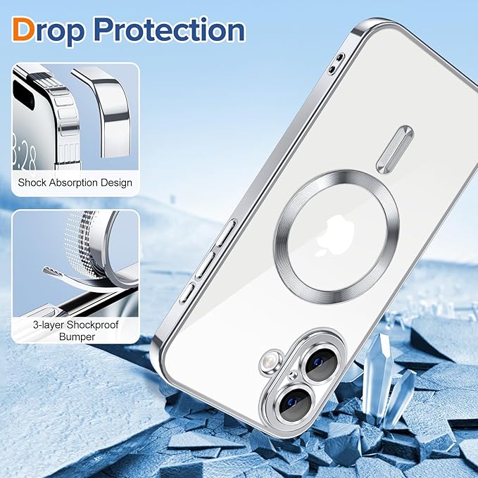 Hython Magnetic Clear for iPhone 16 Plus Case with Camera Lens Protector [Compatible with MagSafe] Luxury Plating Edge Slim Soft TPU Cover Protective Phone Case for iPhone 16 Plus 6.7", Silver