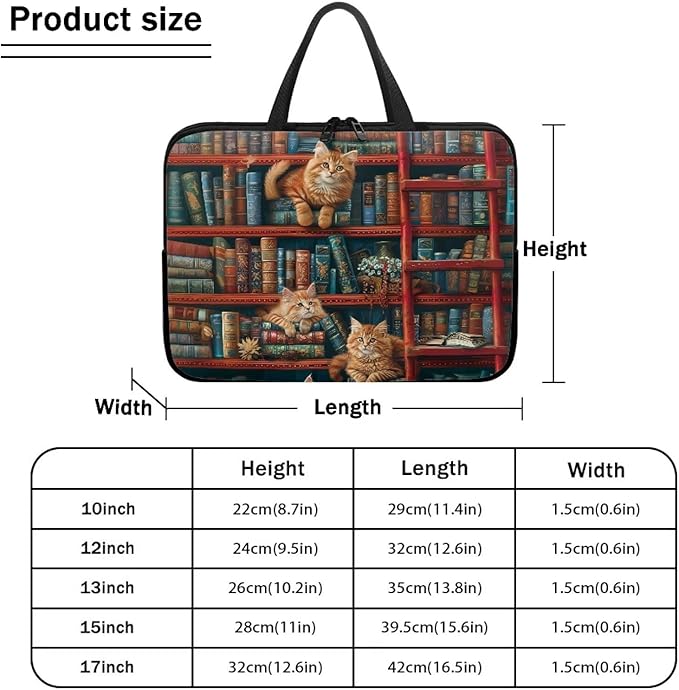Vintage Bookshelf Laptop Sleeve Case Computer Cover Compatible with 10-17 Inch Tablet Cute Cat Protective Carrying Bag Briefcase Carrying Case, 15 Inch, Book Lover
