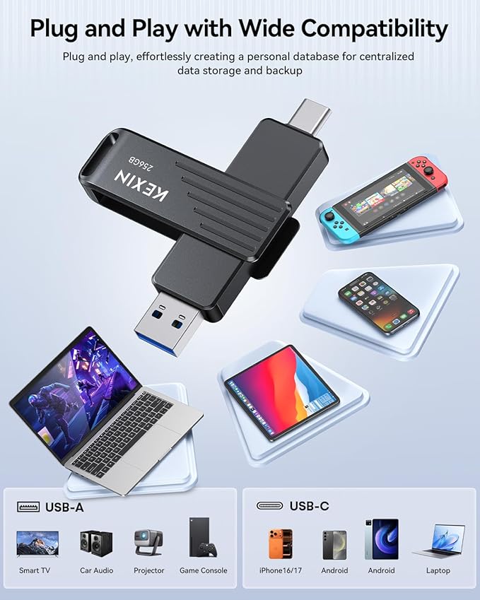 KEXIN Dual USB C Thumb Drive 256GB up to 1000MB/s Flash Drive with Type-C and USB-A Connectors USB 3.2 Gen 2 USB Drive 256G Swivel Memory Stick for iPhone 15/16/17, Smartphone, Tablet, Laptop