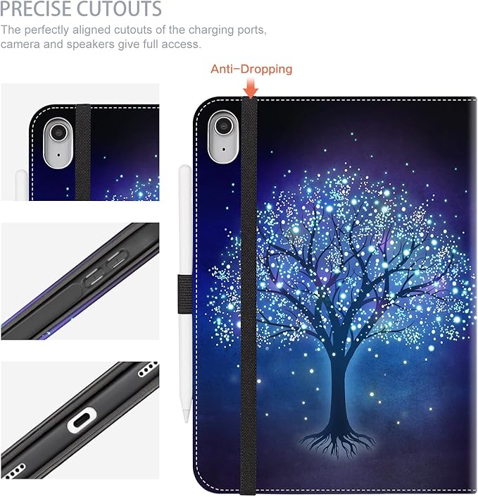 for iPad (A16) 11Th/10Th Generation Case 2025/2022, for iPad Case 11Th/10Th Generation, 10Th/11Th Gen iPadCase Cover Pencil Holder/Hand Strap/Pocket/Adjustable Stand, Blue Star Tree