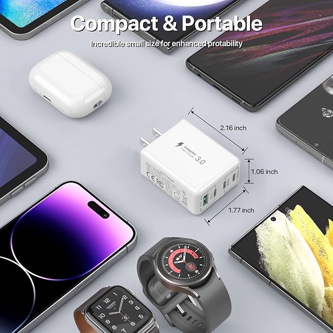 [2 Pack] 40W USB C Charger, 4-Port USB C Charger Block Fast Charging Block PD+QC Wall Plug Type C Charging Plug Compatible with iPhone 11/12/13/14/15/Pro Max/Smartphones/Tablet and Other USB Devices