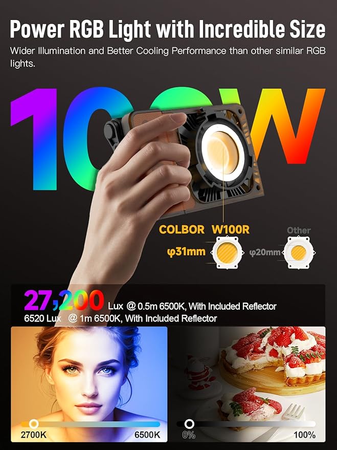 Video Light, COLBOR W100R RGB COB Continuous Output Lighting 100W 2700-6500K Full Color LED Studio Light CRI97+ TLCI98+ with APP Control for Photography