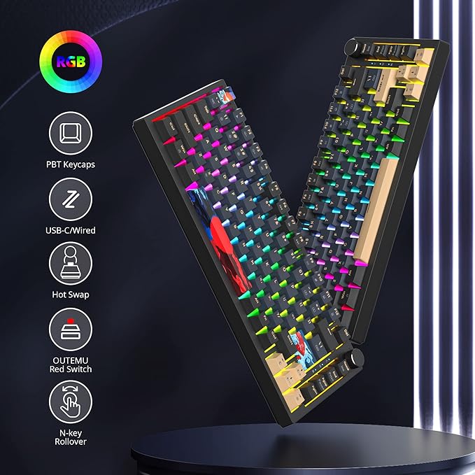 BlueSamurai 75% Wired Mechanical Gaming Keyboard - Hot Swappable, Red Switch, RGB Backlit 82 Keys TKL Mechanical Keyboard with Volume Control Knob