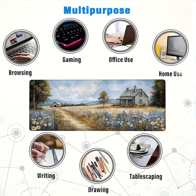 Farmhouse Extended Mouse Pad Wildflower Retro Grassland Blue Sky Mousepad XL Large Gaming Mouse Pad Laptop Keyboard Mat Desk Pad Daily Use with Keyboard and Laptop Devices 31.5x11.8 Inch