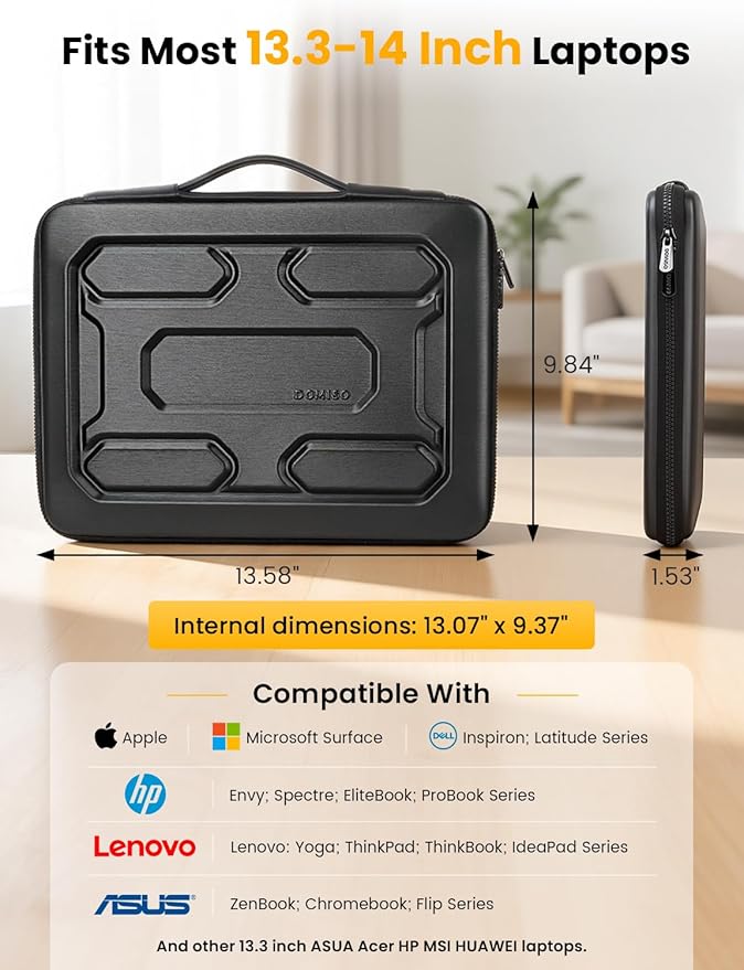 DOMISO Laptop Hard Case 14-14.4 inch Waterproof Shockproof Hard Shell Laptop Sleeve with Handle & Storage Pocket, Compatible with MacBook, HP, Dell, Black