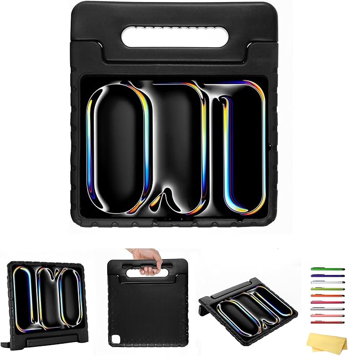 for iPad Air 13-inch Case M3/M2 (2025/2024) for Kids with Pencil Holder/Kickstand, Anti-Slip Handle Stand Lightweight Soft EVA Foam Shockproof Rugged Bumper Tablet Protective Cover, Black