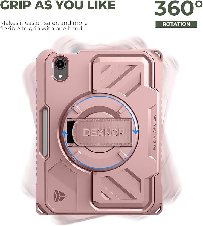 Dexnor Case for iPad mini 7 (A17 Pro) 2024/mini 6 2021 8.3 inch, Rugged Protective Case with 360° Rotating Hand Strap & Large Stand & Screen Protector & Pencil Holder Shockproof Full-Body Cover, Pink