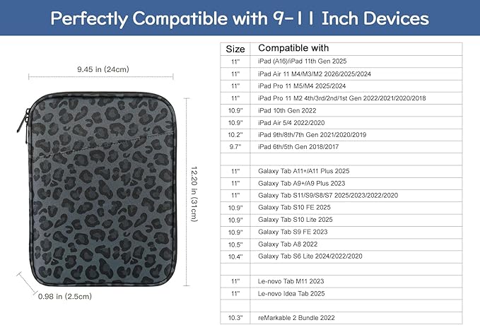 Dadanism 9-11" Tablet Sleeve Bag Carrying Case for iPad (A16) 11th Gen 11", iPad 10th Gen 10.9" Air 5/4, iPad Air M4/Pro 11", iPad 9/8/7th, Galaxy Tab A11+ Plus 11", Remarkable 2 10.3",Leopard Black