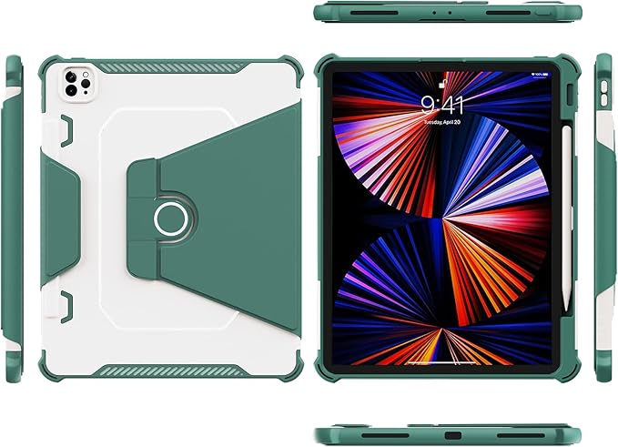 Rotating Case for iPad Pro 12.9" 6th/5th/4th Gen 2022/2021/2020 Smart Cover with Pencil Holder, Techcircle Hybrid TPU+PC Magnetic Cover Soft Bumper Slim Folio Shockproof Protective Case-Midnight Green