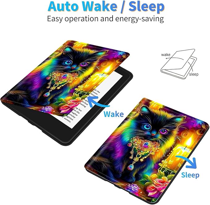 for Amazon Kindle Fire 7 (9th/7th/5th Generation, 2019/2017/2015 Release) 7" Tablet Case, Slim Kickstand Stand Leather Smart Cover with Auto Wake/Sleep, Candle Black Cat