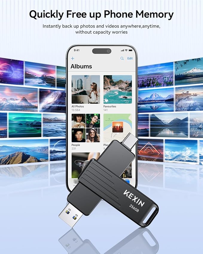 KEXIN Dual USB C Thumb Drive 256GB up to 1000MB/s Flash Drive with Type-C and USB-A Connectors USB 3.2 Gen 2 USB Drive 256G Swivel Memory Stick for iPhone 15/16/17, Smartphone, Tablet, Laptop