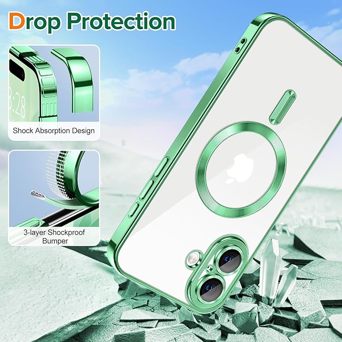 Hython Magnetic Clear for iPhone 17 Case with Camera Lens Protector [Compatible with MagSafe] Luxury Plating Edge Slim Soft TPU Cover Protective Phone Case for iPhone 17 6.3", Light Green