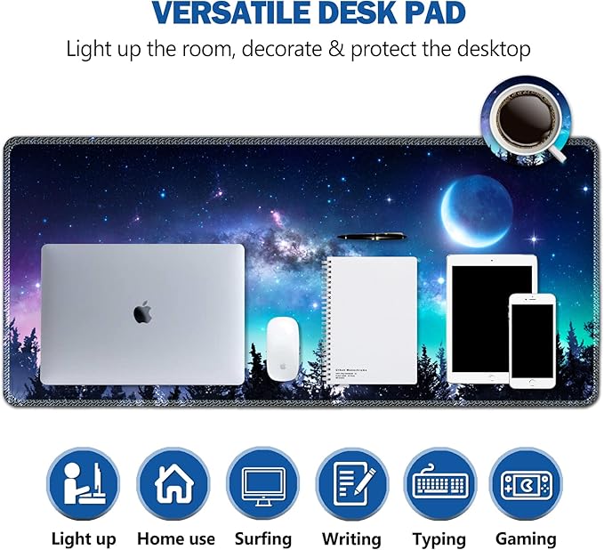 AIMSA Large Gaming Mouse Pad Extended Mouse Pad with Stitched Edge, Keyboard Mouse Mat Non-Slip Rubber Base Desk Pad 31.5x11.8 inch for Office Home Game Work, Forest Moon Sky