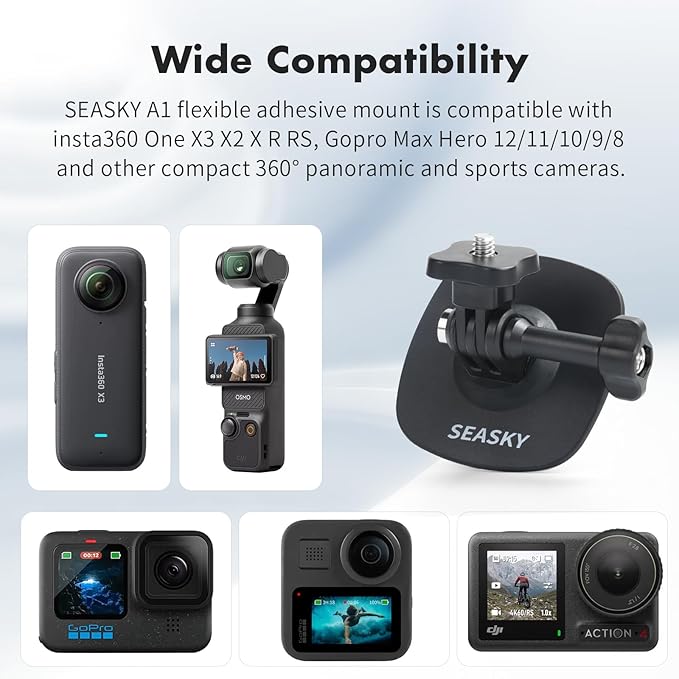 SEASKY A1 Flexible Adhesive Helmet Mount Genuine 3M for GoPro Hero13/12/11/10/9/8 DJI Action 5 Pro 4 3 2 OSMO360 Insta360 X5 X4 X3 Ace Pro 2 Sports Camera Accessories Flat Curved Surfaces