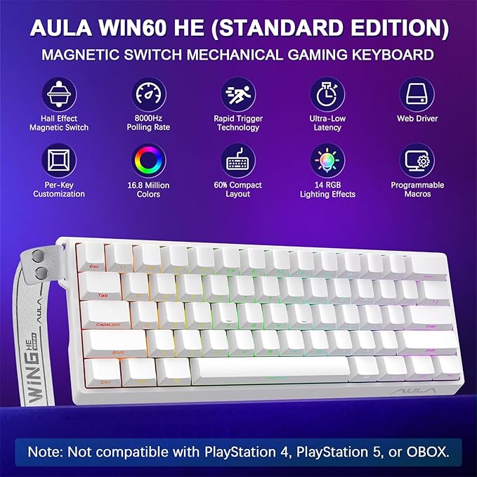 Aula WIN60 HE 60% Mechanical Keyboard Wired, Hall Effect Gaming Keyboard Magnetic Switch Hot Swappable, Adjustable Actuation Rapid Trigger Mode 8000Hz Polling Rate, RGB Keyboard 60 Percent Design