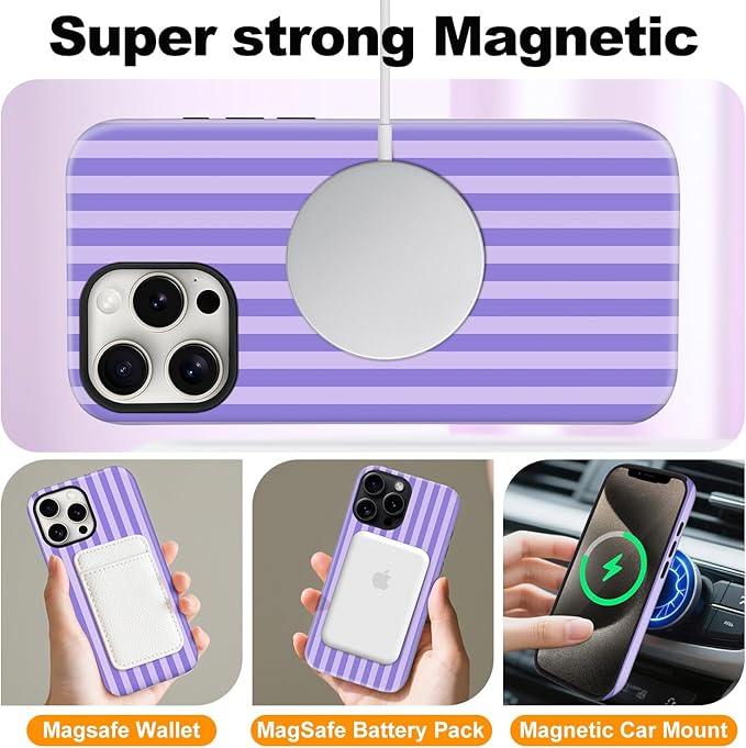 Magnetic for iPhone 13 Pro Max Case Cute Stripes Phone Case, Shockproof Slim TPU and Hard PC Protective Phone Cover Compatible with MagSafe Designed for Women Girls, Light Purple
