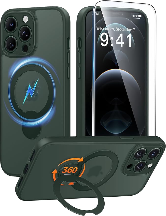 FNTCASE for iPhone 12 Pro-Max Case: [360 Spin Magnetic Stand] [Compatible with Magsafe] [Screen Protector] Translucent Matte Military Grade Shockproof Full Camera Protective Phone Cover - Green