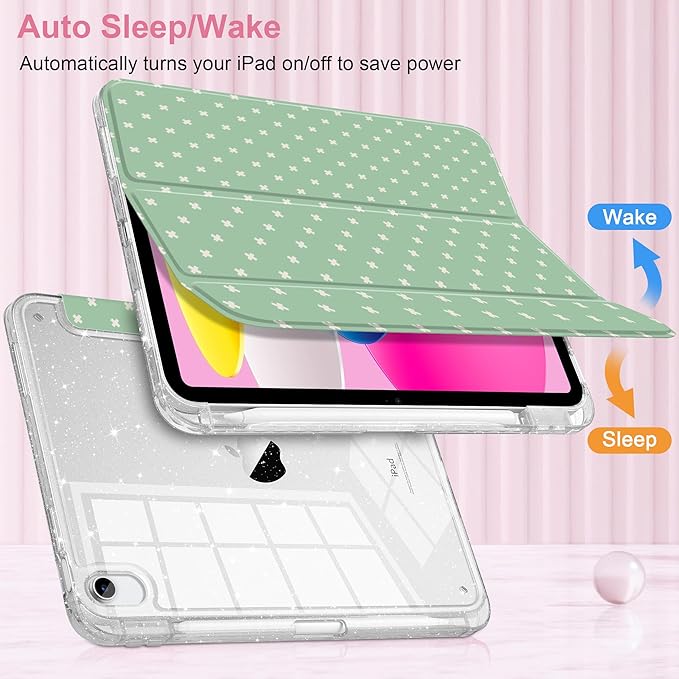 DONGKE for iPad Pro 11 inch Case – Fits M5 2025 / M4 2024, Shockproof Sparkling Glitter Acrylic Back, Pencil Holder, Trifold Stand, Auto Sleep/Wake & Touch ID Support - Green Cross Dot