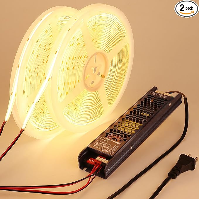 BENLUN 24V COB LED Strip Light Outdoor Waterproof 65.6ft (2 Rolls of 32.8ft), 3000K Warm White 11W/M 312LEDs/M CRI 93 LED Tape Light with Power Supply for Bedroom Courtyard Living Room Ceiling