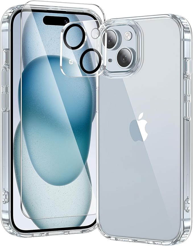 toushion 3 in 1 for iPhone 15 Case Clear,[Yellowing-Resistant Acrylic Back] Screen Protector *1 & Camera Lens Protector*1, Shockproof for iPhone 15 Phone Case 6.1 inch Clear