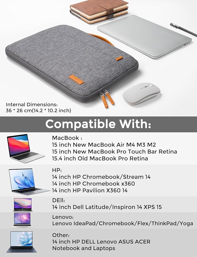 DOMISO 14 inch Laptop Case Sleeve Protective Cover Compatible with 15 inch MacBook Air M4 M3 M2,MacBook Pro,14-15 inch HP Dell ASUS Lenovo Chromebook,Waterproof Computer Cases Bag with Handle,Grey